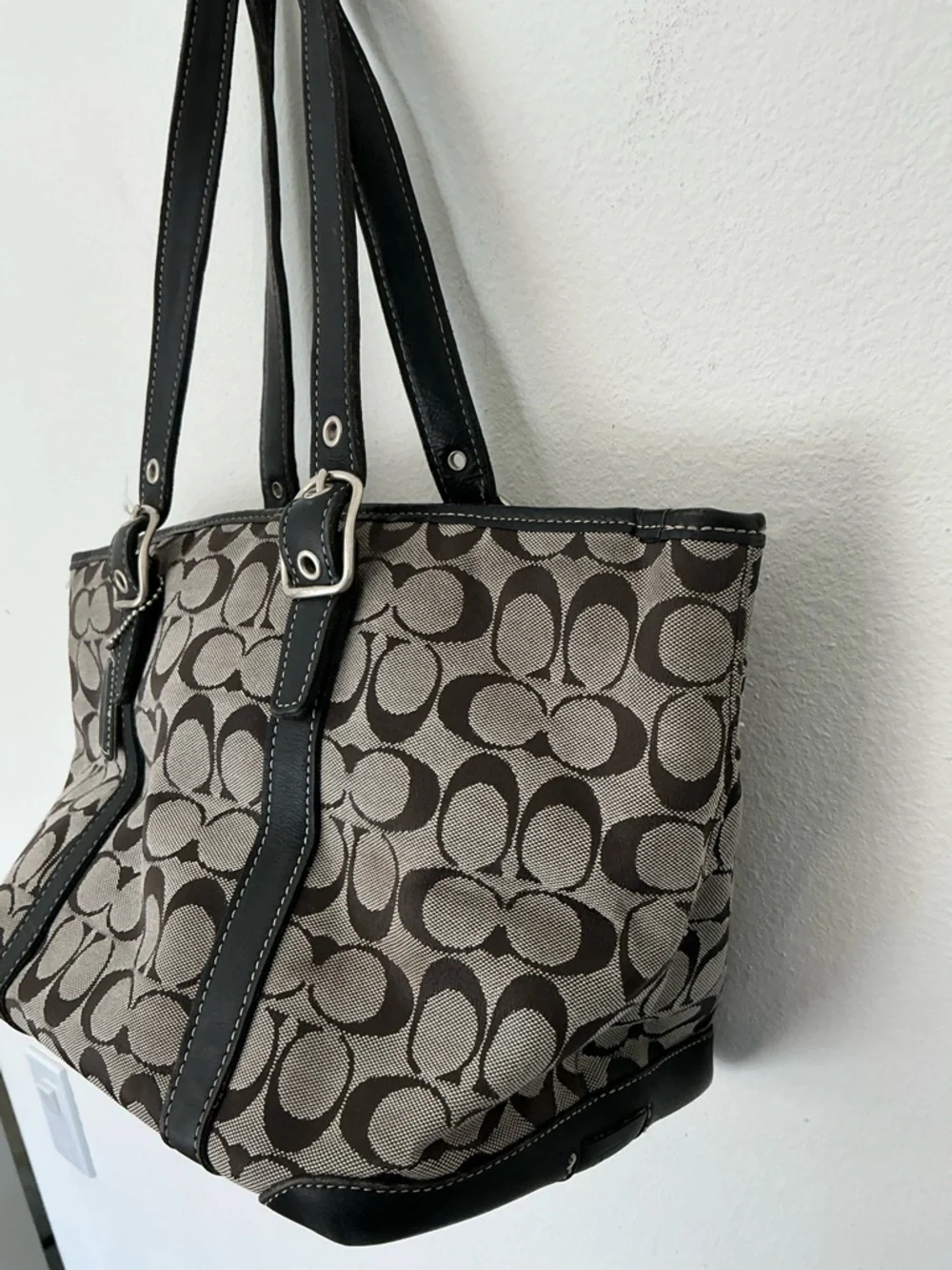 Coach Signature Canvas Tote Bag Brown Black Leather Trim Style 6042 - Picture 4 of 15